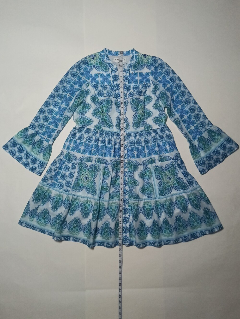 Hale Bob Leela Voile Mini Dress Blue Teal Paisley Tiered Flounce Sleeve Size S - Picture 4 of 14